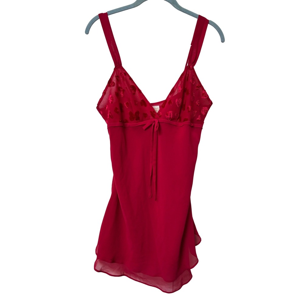 Y2K Silk & Satin Red Heart Flocked Babydoll Chemise Nightgown Womens Medium